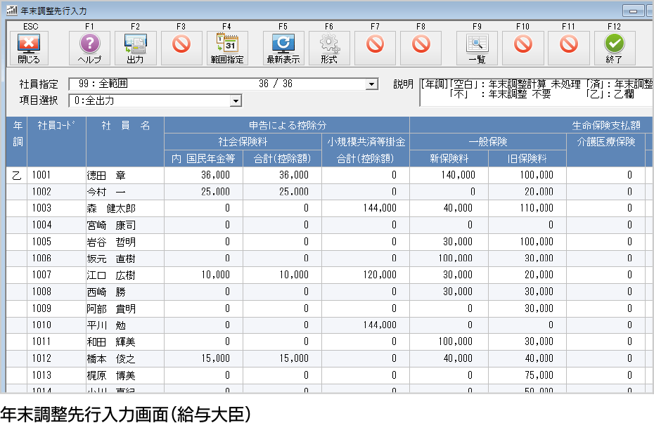 年末調整先行入力画面(給与大臣)